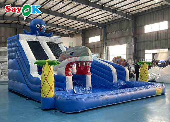Parque de diversiones tobogán inflable con piscina 19,7 pies gigante tobogán de agua de tiburón inflable para niños